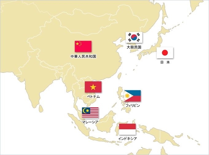 東アジア諸国の地図