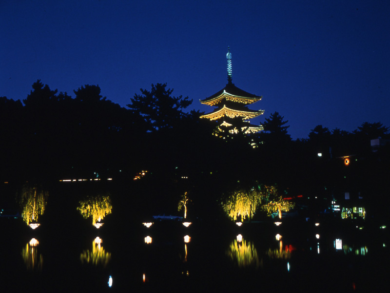 ライトアップされた興福寺五重塔と猿沢池